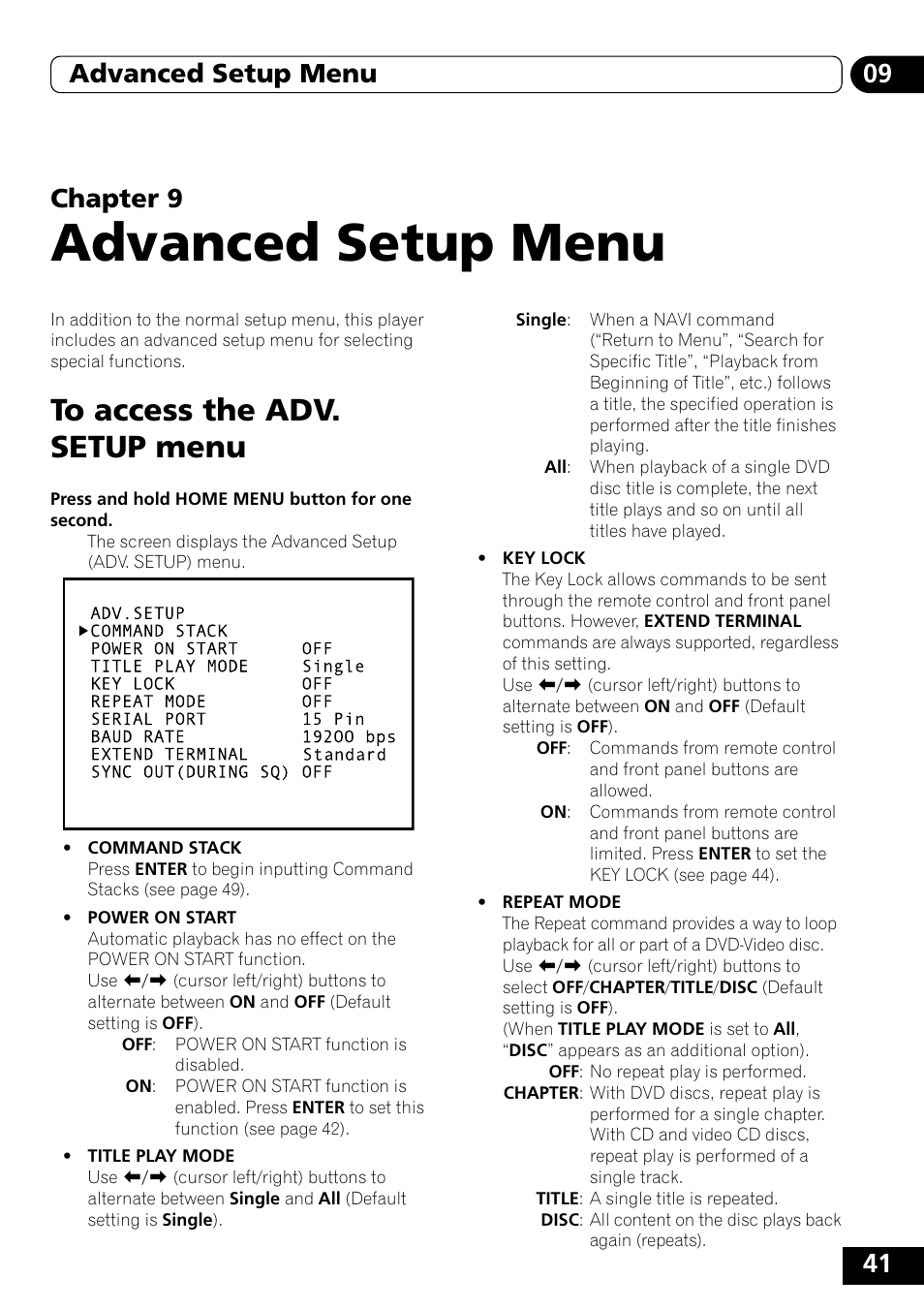 To acces the adv. setup menu, Advanced setup menu | Pioneer DVD-V5000 User Manual | Page 41 / 80