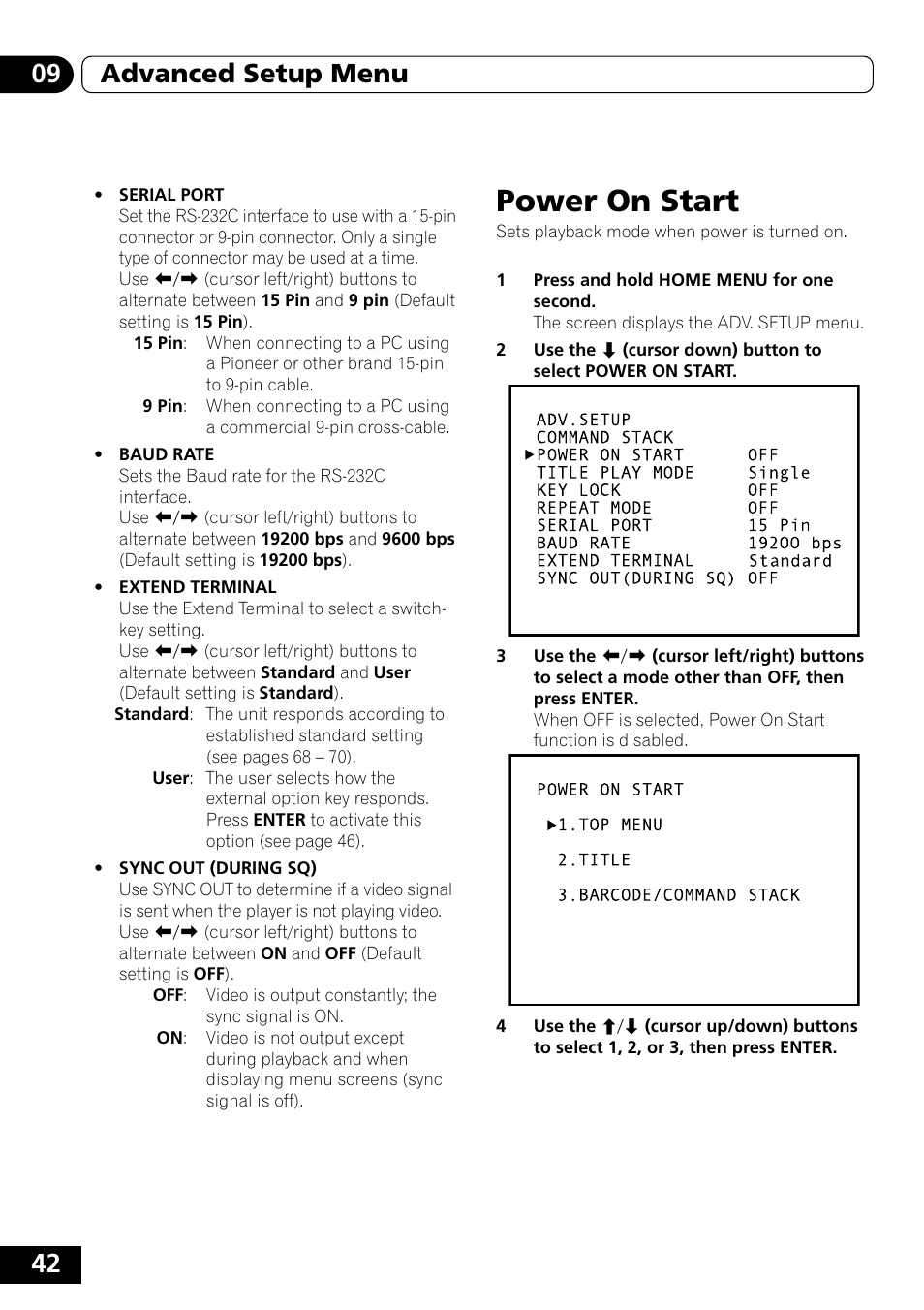 Power on start, 42 09 advanced setup menu | Pioneer DVD-V5000 User Manual | Page 42 / 80