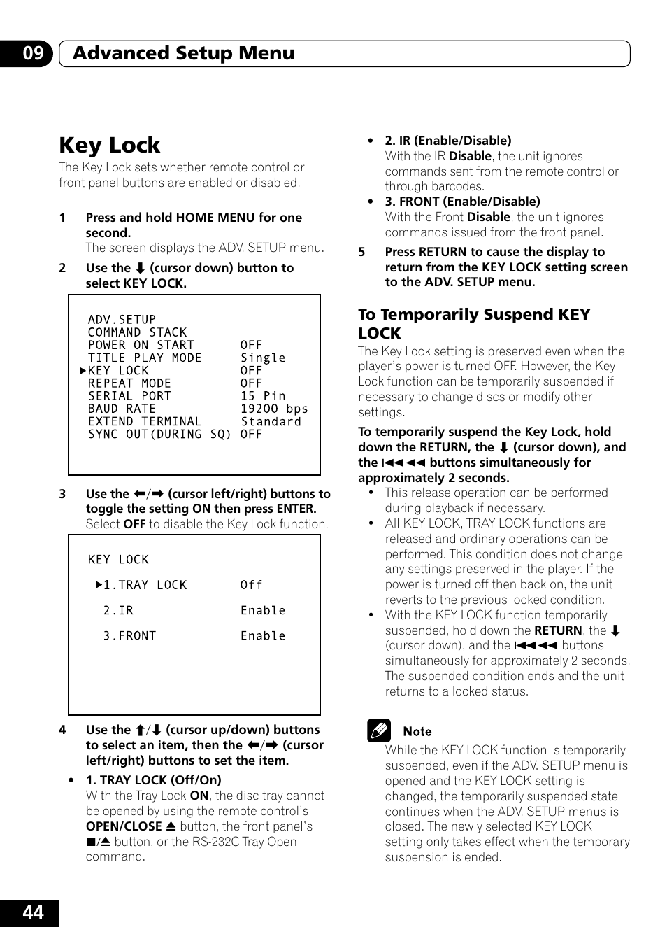 Key lock, To temporarily suspend key lock, 44 09 advanced setup menu | Pioneer DVD-V5000 User Manual | Page 44 / 80