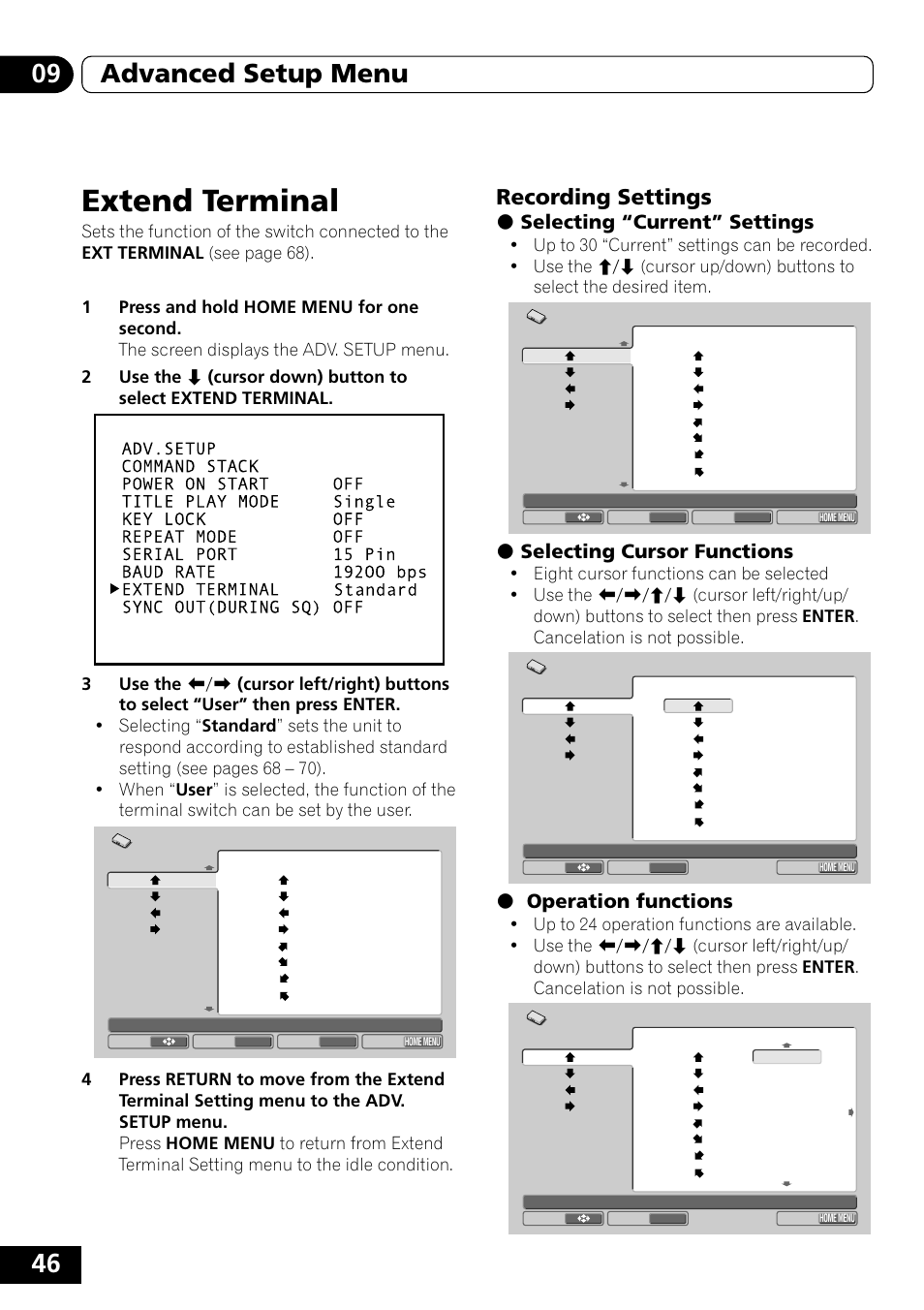 Extend terminal, Recording settings, 46 09 advanced setup menu | Ì selecting “current” settings, Ì selecting cursor functions, Ì operation functions | Pioneer DVD-V5000 User Manual | Page 46 / 80