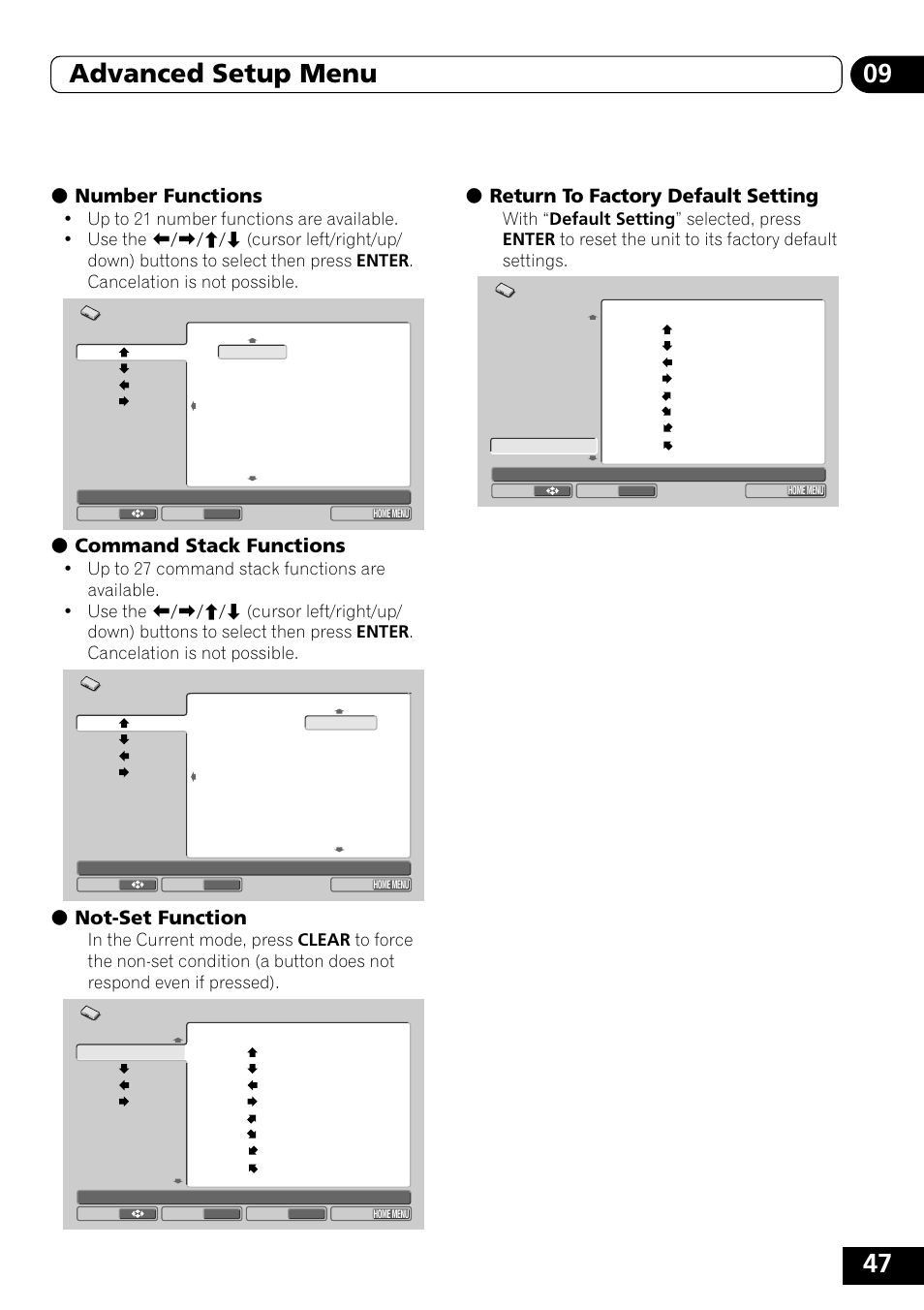 47 09 advanced setup menu, Ì number functions, Ì command stack functions | Ì not-set function, Ì return to factory default setting | Pioneer DVD-V5000 User Manual | Page 47 / 80