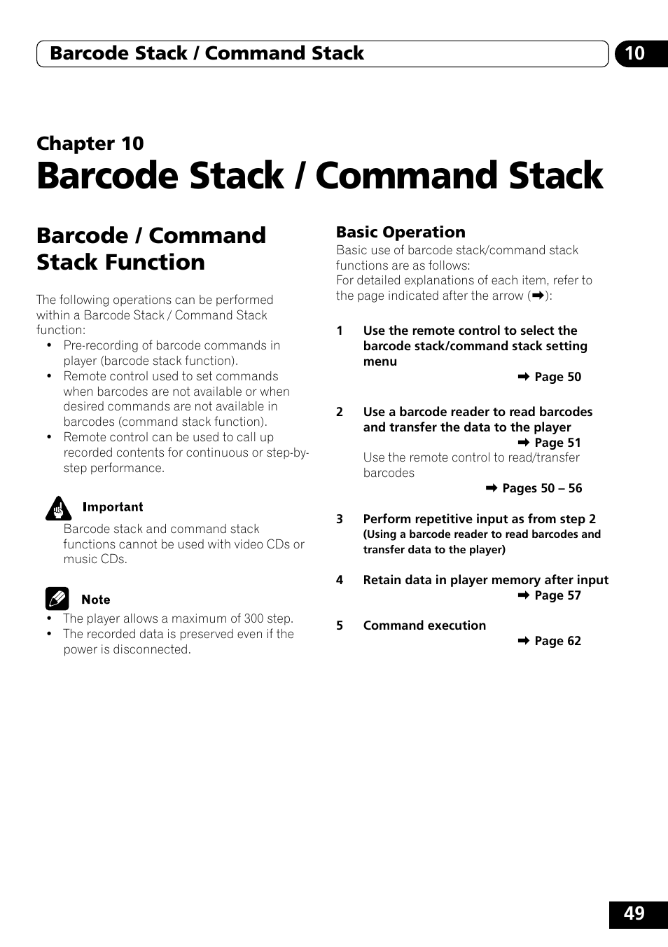 Barcode / command stack function, Basic operation, Barcode stack / command stack | Pioneer DVD-V5000 User Manual | Page 49 / 80