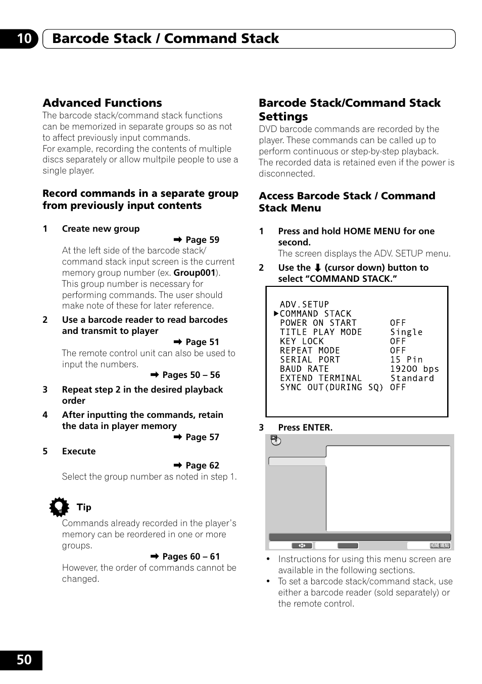 Advanced functions, Barcode stack/command stack settings, 50 10 barcode stack / command stack | Pioneer DVD-V5000 User Manual | Page 50 / 80