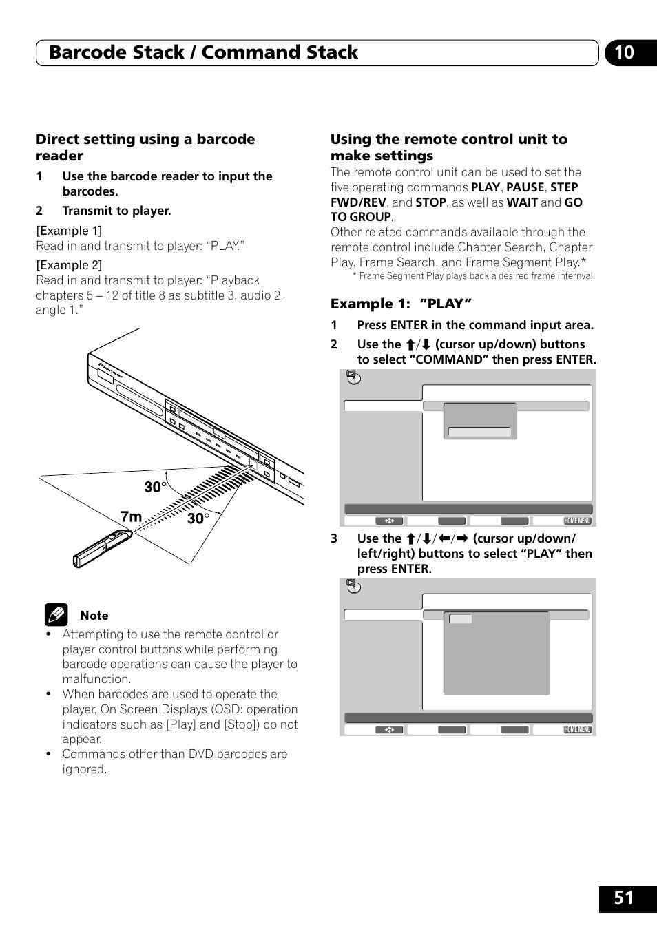 51 10 barcode stack / command stack, Direct setting using a barcode reader, Using the remote control unit to make settings | Example 1: “play | Pioneer DVD-V5000 User Manual | Page 51 / 80