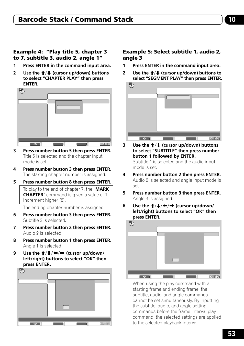 53 10 barcode stack / command stack, Example 5: select subtitle 1, audio 2, angle 3 | Pioneer DVD-V5000 User Manual | Page 53 / 80