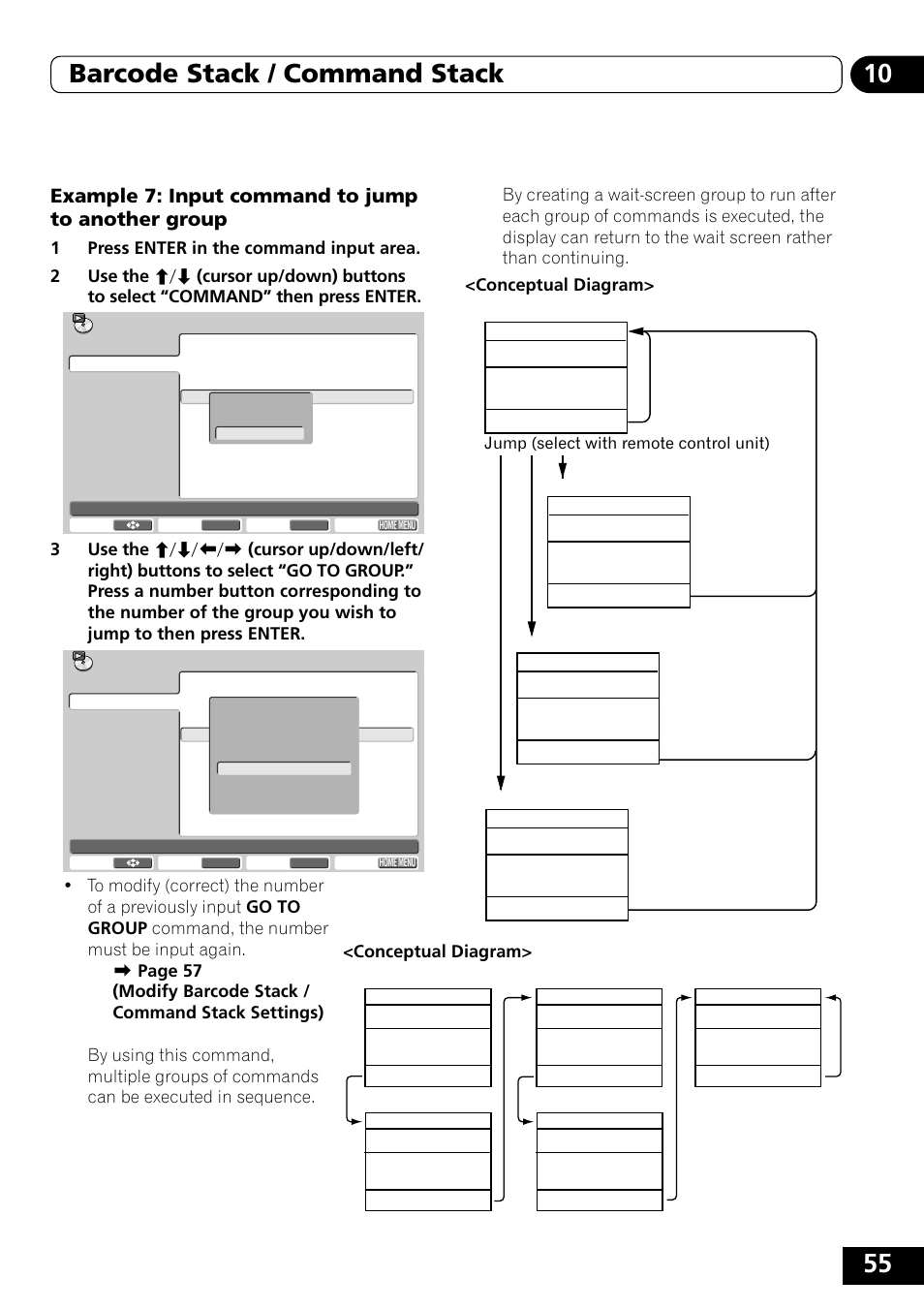 55 10 barcode stack / command stack, Example 7: input command to jump to another group, Jump (select with remote control unit) | Pioneer DVD-V5000 User Manual | Page 55 / 80