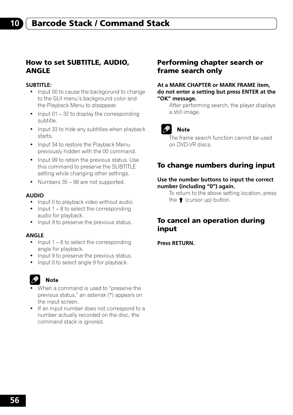 How to set subtitle, audio, angle, Performing chapter search or frame, Search only | To change numbers during input, To cancel an operation during input, 56 10 barcode stack / command stack | Pioneer DVD-V5000 User Manual | Page 56 / 80