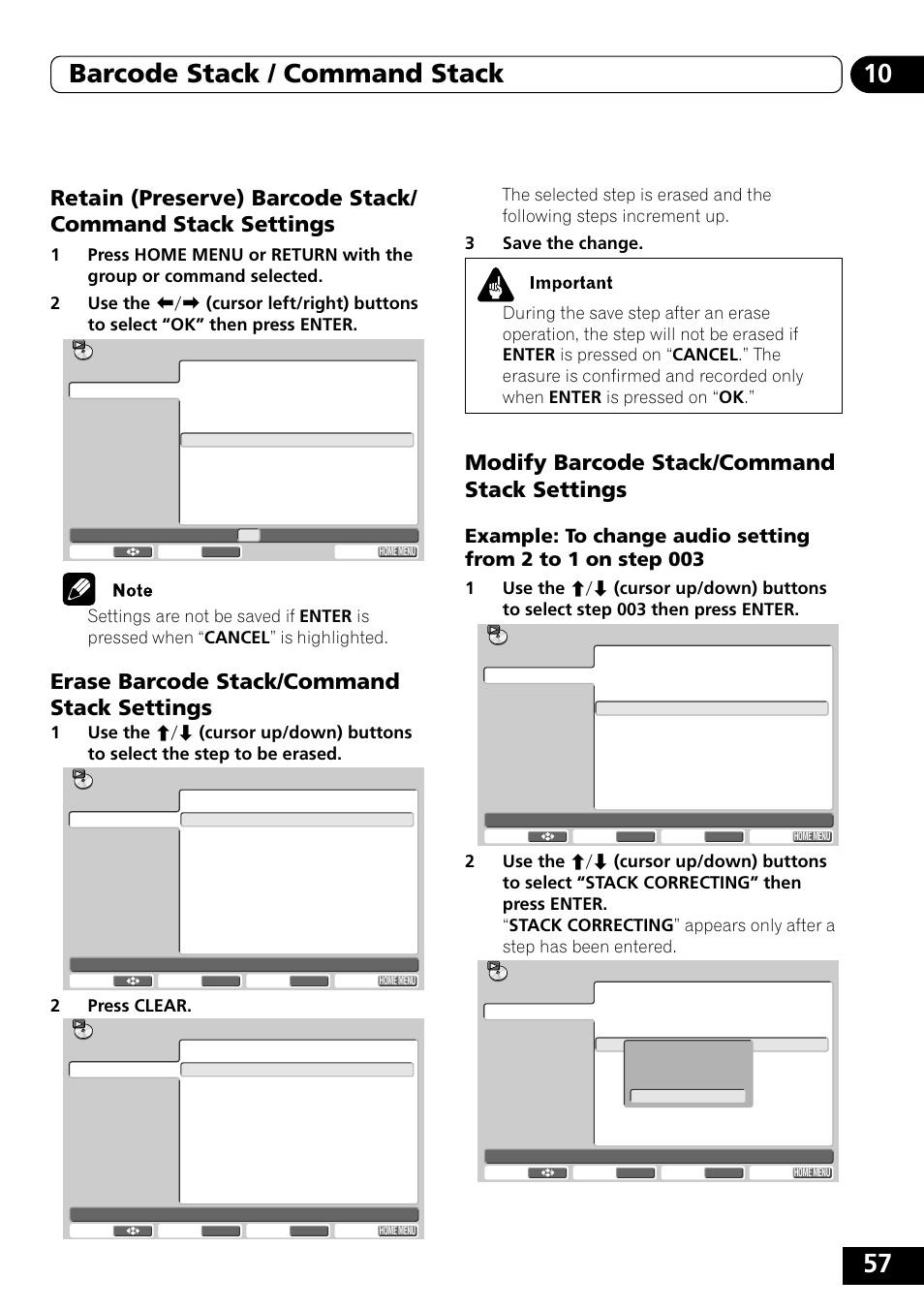 Retain (preserve) barcode stack/command, Stack settings, Erase barcode stack/command | Modify barcode stack/command, 57 10 barcode stack / command stack, Erase barcode stack/command stack settings, Modify barcode stack/command stack settings, 2press clear | Pioneer DVD-V5000 User Manual | Page 57 / 80