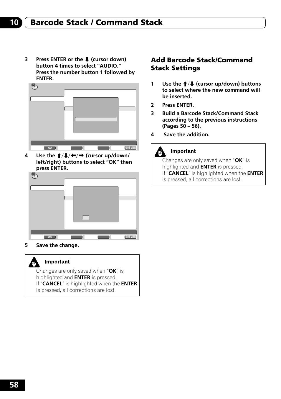 Add barcode stack/command, Stack settings, 58 10 barcode stack / command stack | Add barcode stack/command stack settings | Pioneer DVD-V5000 User Manual | Page 58 / 80