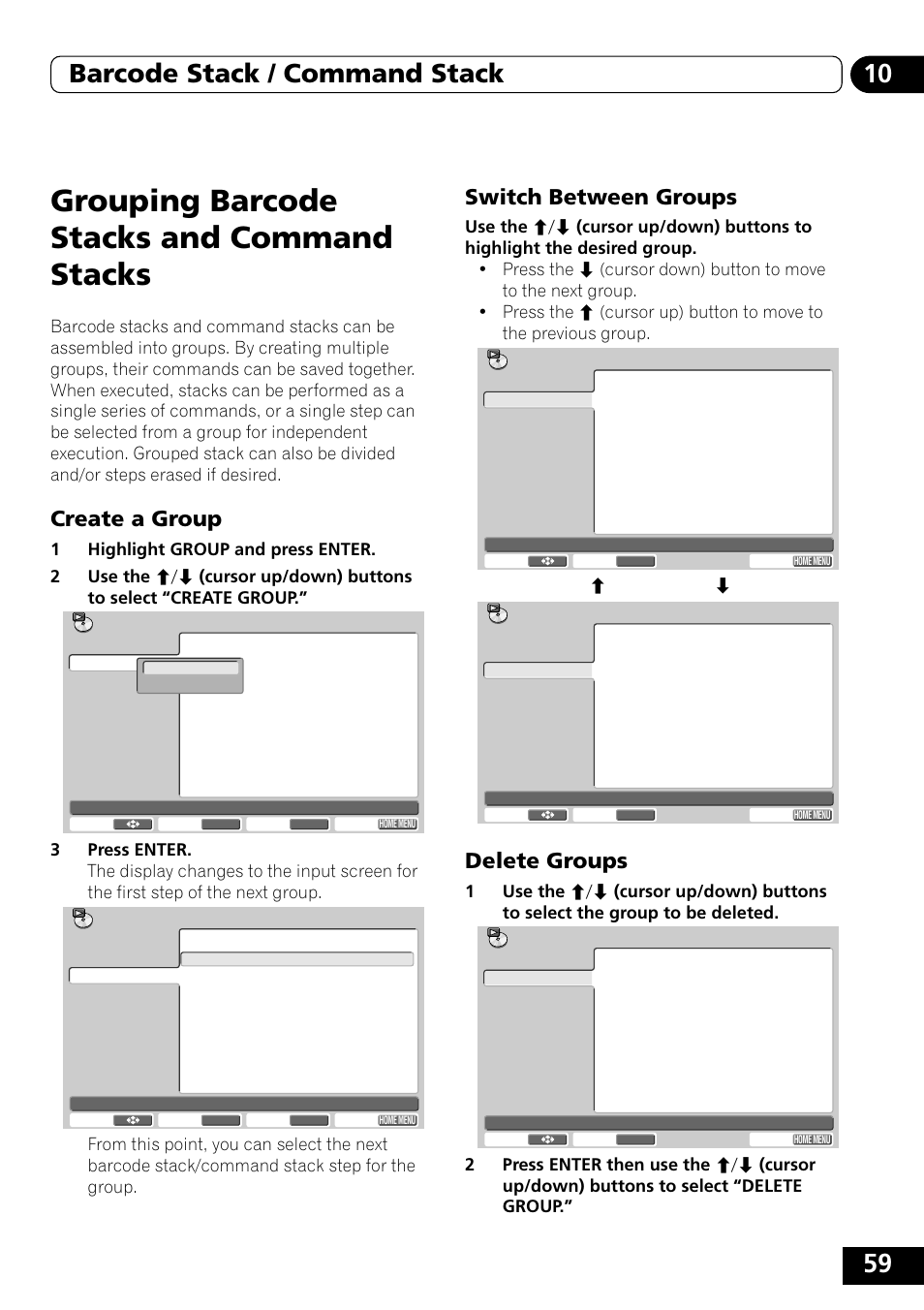 Grouping barcode stacks and, Command stacks, Create a group | Switch between groups, Delete groups, Grouping barcode stacks and command stacks, 59 10 barcode stack / command stack | Pioneer DVD-V5000 User Manual | Page 59 / 80