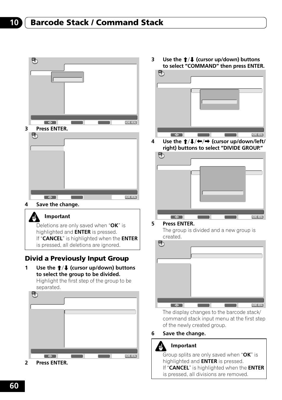 Divid a previously input group, 60 10 barcode stack / command stack, 3press enter | Pioneer DVD-V5000 User Manual | Page 60 / 80