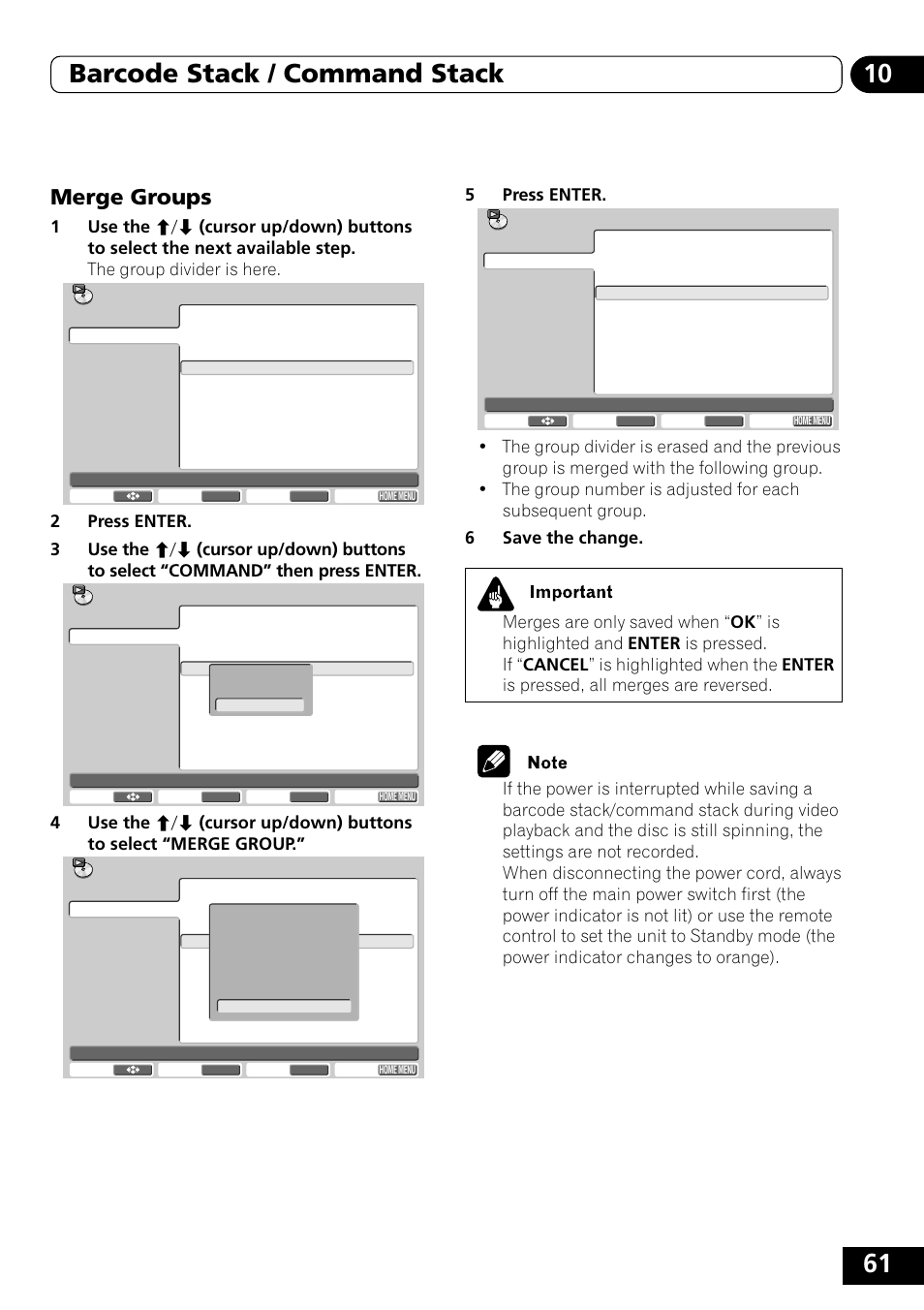 Merge groups, 61 10 barcode stack / command stack, 5press enter | Pioneer DVD-V5000 User Manual | Page 61 / 80