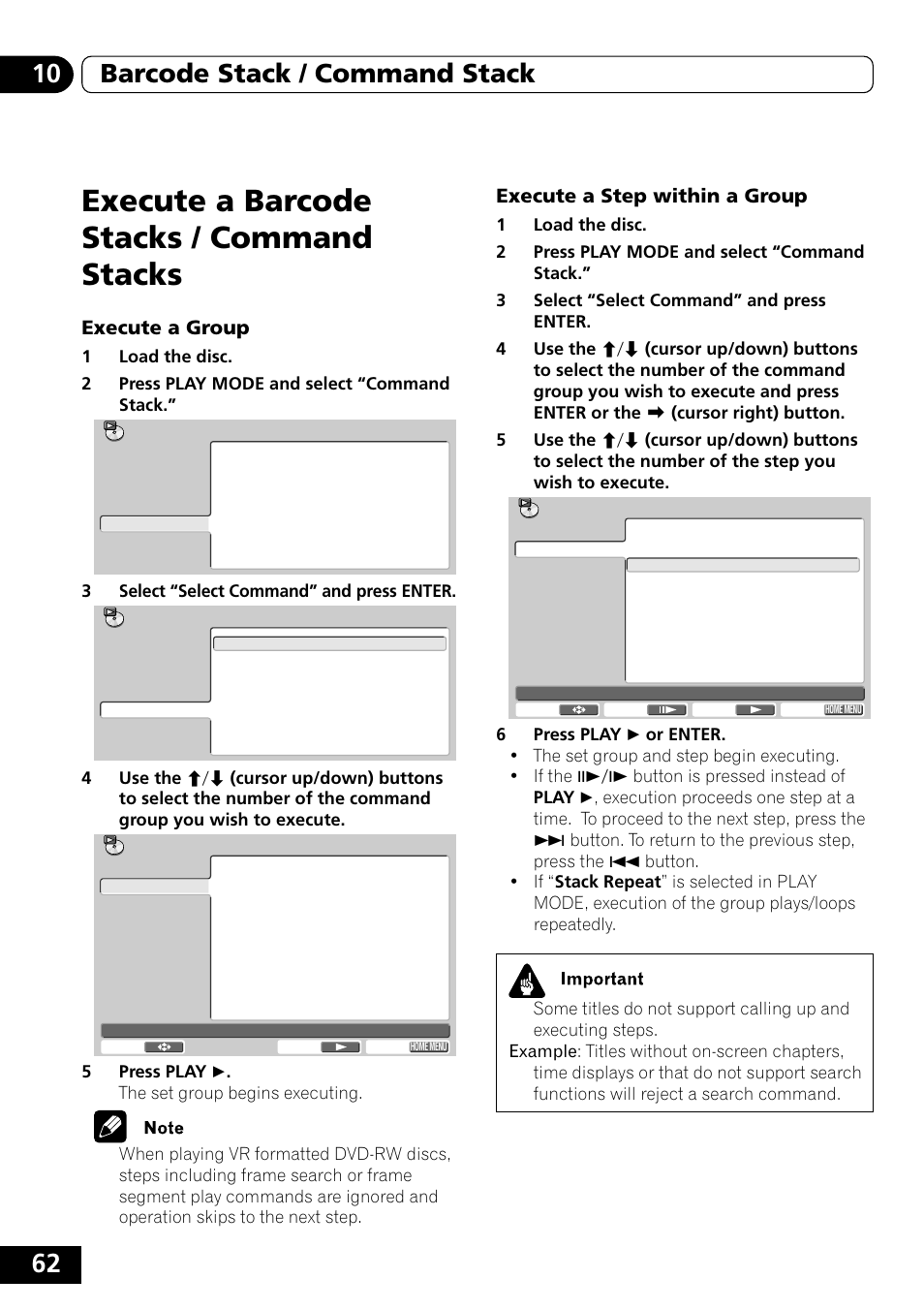 Execute a barcode stacks, Command stacks, Execute a barcode stacks / command stacks | 62 10 barcode stack / command stack, Execute a group, Execute a step within a group | Pioneer DVD-V5000 User Manual | Page 62 / 80