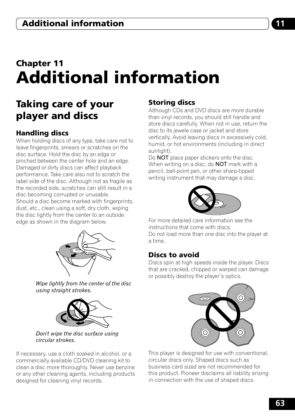 Taking care of your player and discs, Handling discs, Storing discs | Discs to avoid, Additional information | Pioneer DVD-V5000 User Manual | Page 63 / 80