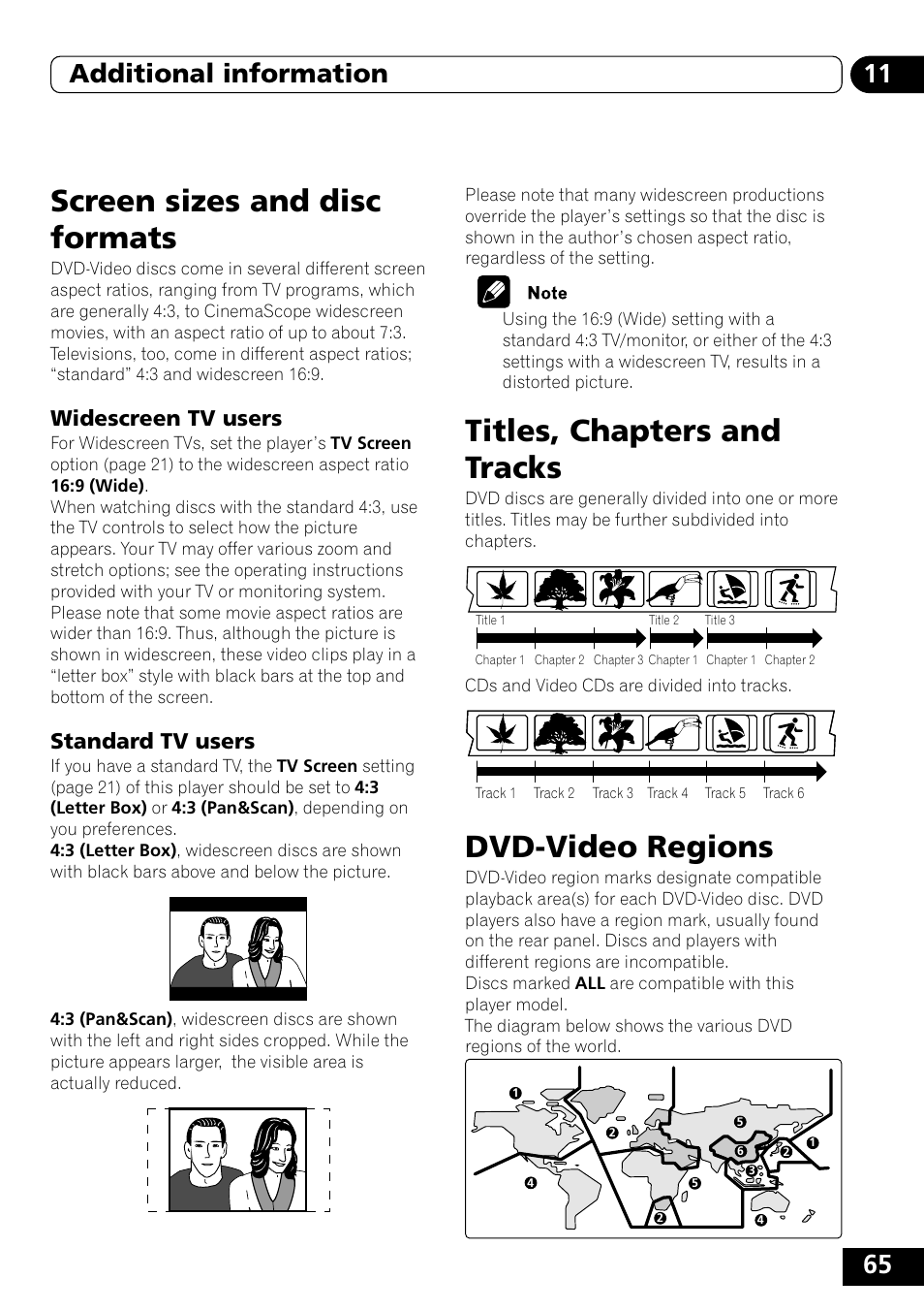 Screen sizes and disc formats, Widescreen tv users, Standard tv users | Titles, chapters and tracks, Dvd-video regions, 65 11 additional information | Pioneer DVD-V5000 User Manual | Page 65 / 80