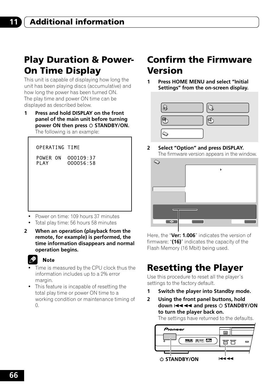 Play duration & power-on time display, Confirm the firmware version, Resetting the player | Play duration & power- on time display, 66 11 additional information | Pioneer DVD-V5000 User Manual | Page 66 / 80