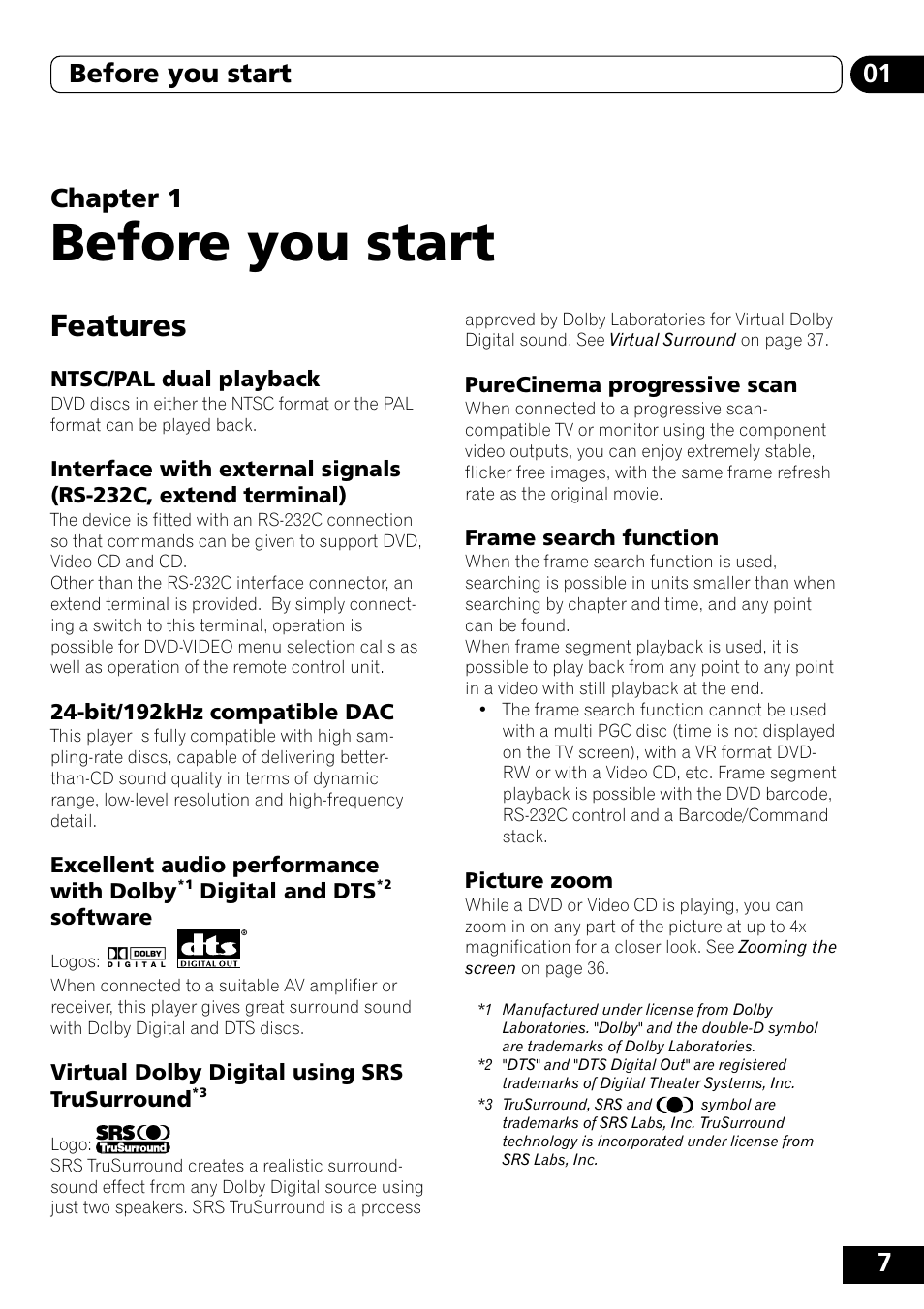 Features, Before you start, 701 before you start chapter 1 | Pioneer DVD-V5000 User Manual | Page 7 / 80
