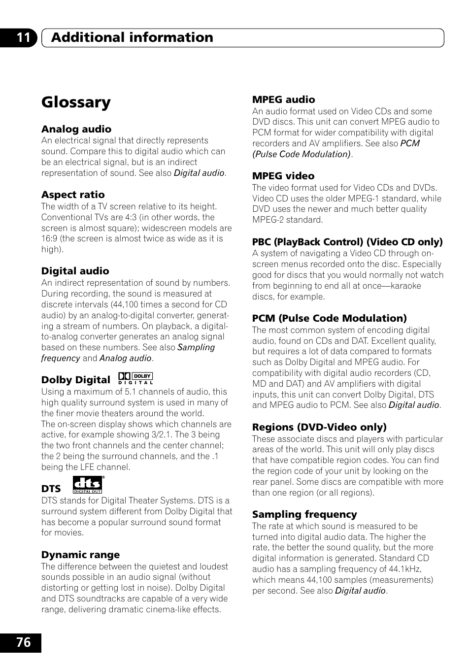 Glossary, 76 11 additional information | Pioneer DVD-V5000 User Manual | Page 76 / 80