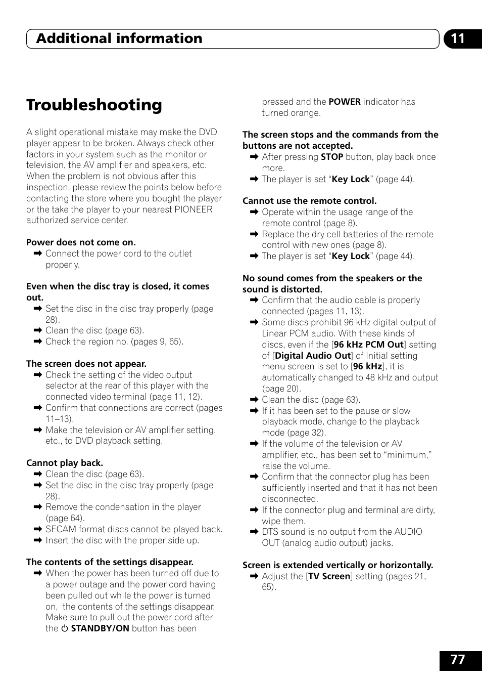 Trobleshooting, Troubleshooting, 77 11 additional information | Pioneer DVD-V5000 User Manual | Page 77 / 80