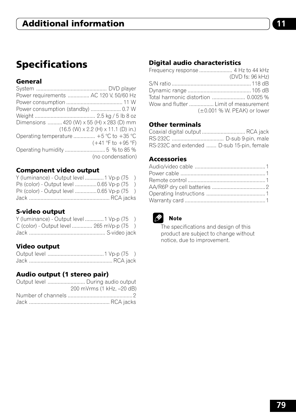 Specifications, 79 11 additional information | Pioneer DVD-V5000 User Manual | Page 79 / 80