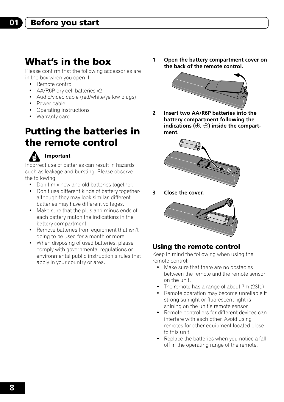 What’s in the box, Putting the batteries in the remote control, Using the remote control | 801 before you start | Pioneer DVD-V5000 User Manual | Page 8 / 80
