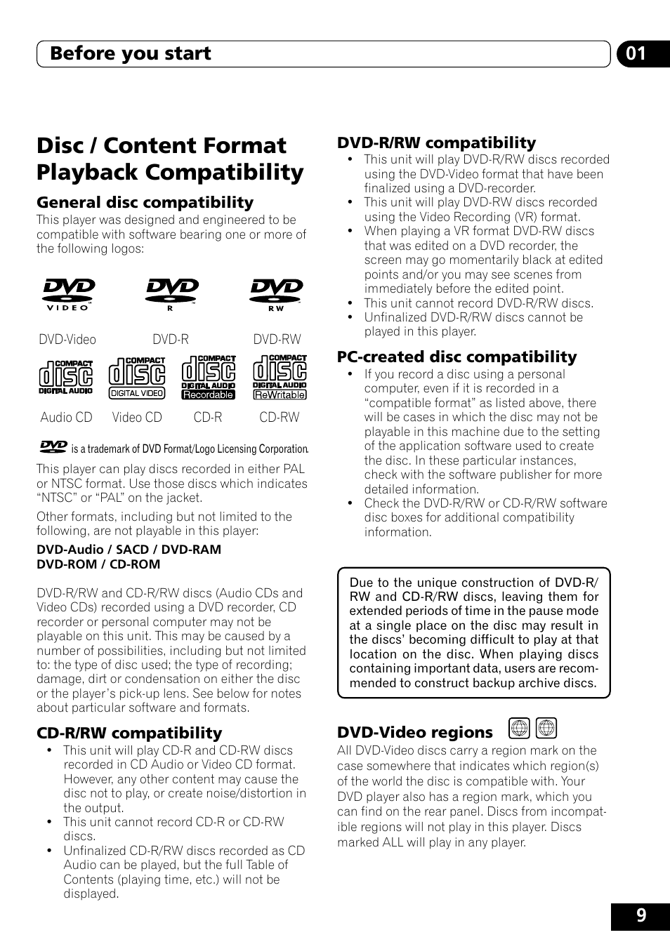 Disc / content format playback compatibility, General disc compatibility, Cd-r/rw compatibility | Dvd-r/rw compatibility, Pc-created disc compatibility, Dvd-video regions, 901 before you start | Pioneer DVD-V5000 User Manual | Page 9 / 80