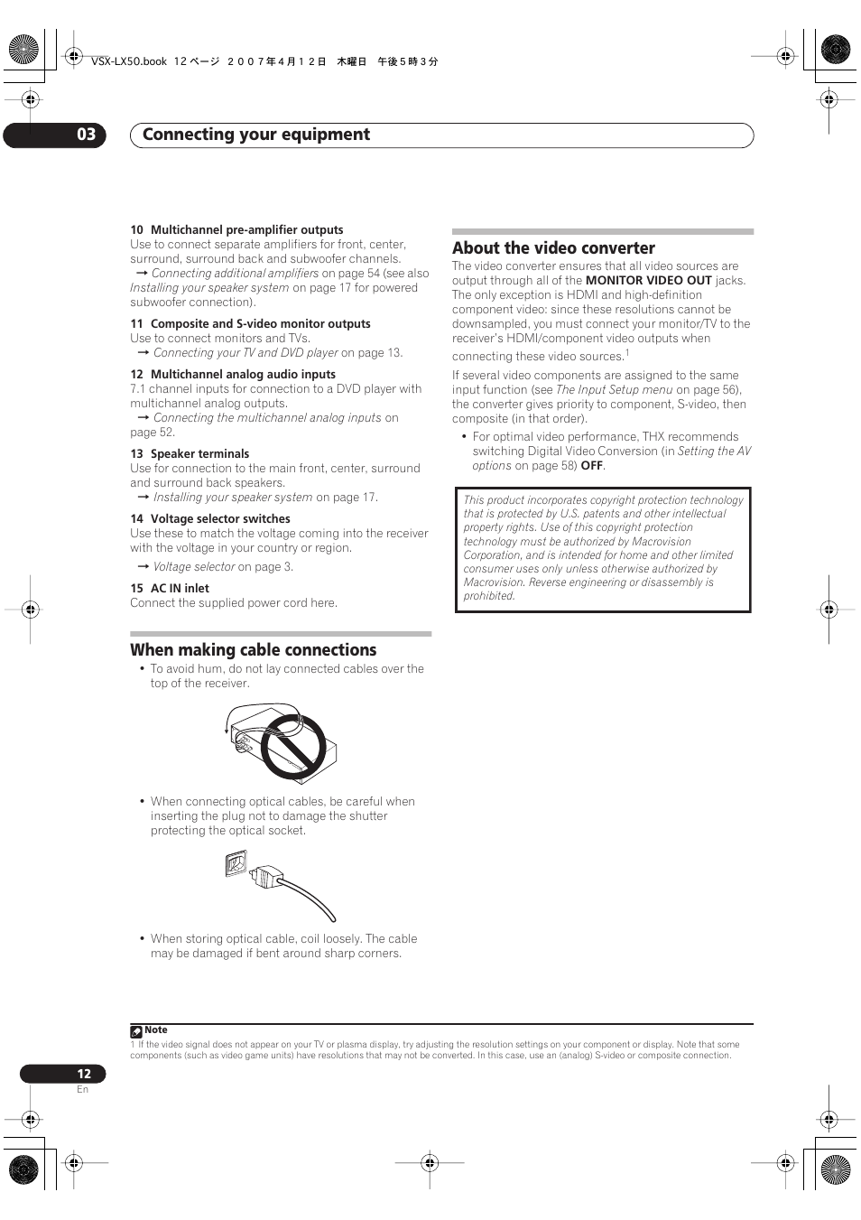 Connecting your equipment 03, When making cable connections, About the video converter | Pioneer VSX-LX50 User Manual | Page 12 / 82
