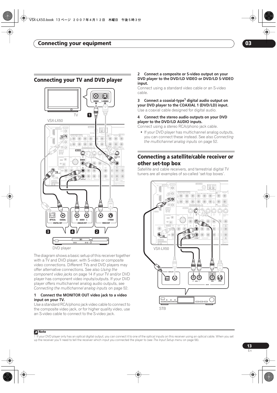 Connecting your equipment 03, Connecting your tv and dvd player, Using the component video jacks | Connecting the multichannel analog inputs, On page 52, Dvd/ld, Video or, S-video input, 3connect a coaxial-type, Input | Pioneer VSX-LX50 User Manual | Page 13 / 82