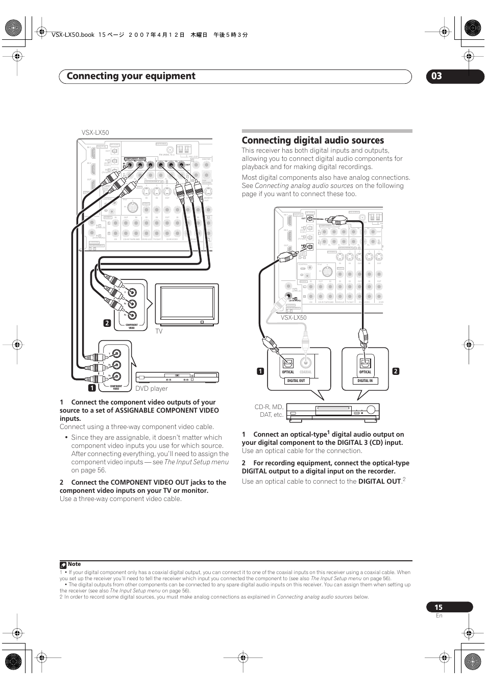 Connecting digital audio sources, Connecting your equipment 03, The input setup menu | On page 56, Use a three-way component video cable, Connecting analog audio sources, 1connect an optical-type, Use an optical cable for the connection, Use an optical cable to connect to the, Digital out | Pioneer VSX-LX50 User Manual | Page 15 / 82