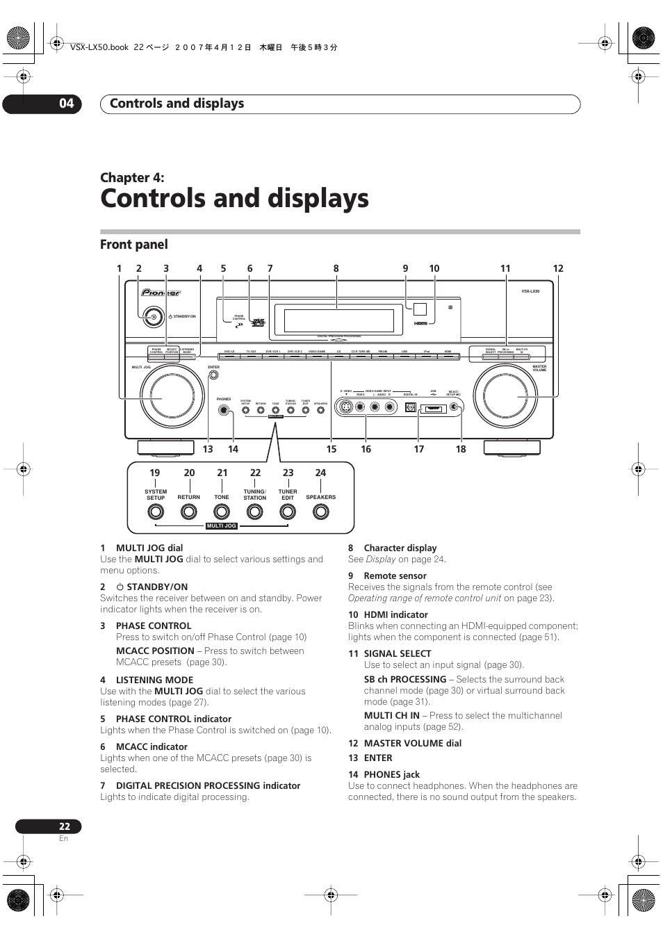 04 controls and displays, Front panel, Controls and displays | Controls and displays 04, Chapter 4 | Pioneer VSX-LX50 User Manual | Page 22 / 82