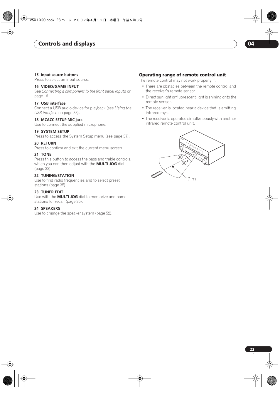 Operating range of remote control unit, Controls and displays 04 | Pioneer VSX-LX50 User Manual | Page 23 / 82
