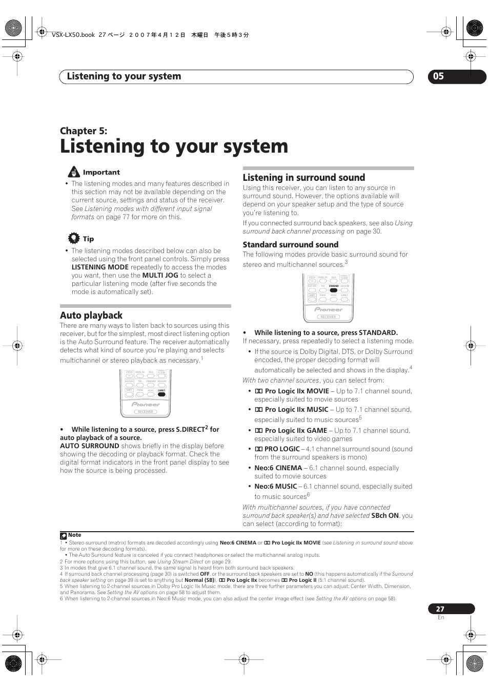 05 listening to your system, Auto playback listening in surround sound, Standard surround sound | Listening to your system, Listening to your system 05, Chapter 5, Auto playback, Listening in surround sound | Pioneer VSX-LX50 User Manual | Page 27 / 82