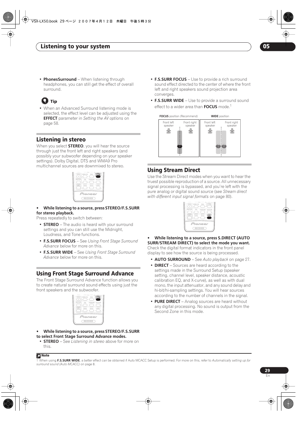 Listening to your system 05, Listening in stereo, Using front stage surround advance | Using stream direct | Pioneer VSX-LX50 User Manual | Page 29 / 82