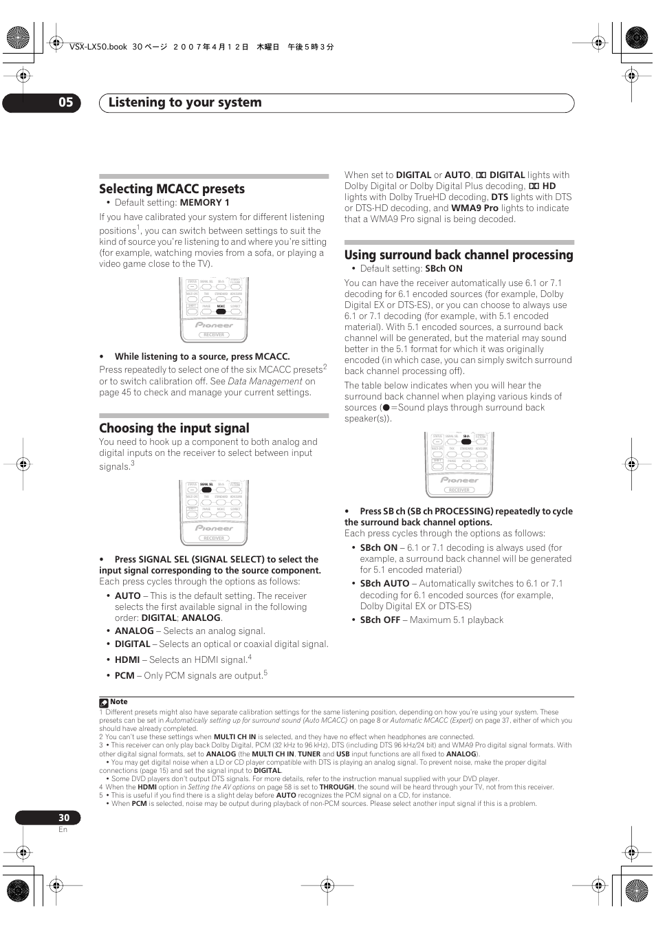 Listening to your system 05, Selecting mcacc presets, Choosing the input signal | Using surround back channel processing | Pioneer VSX-LX50 User Manual | Page 30 / 82