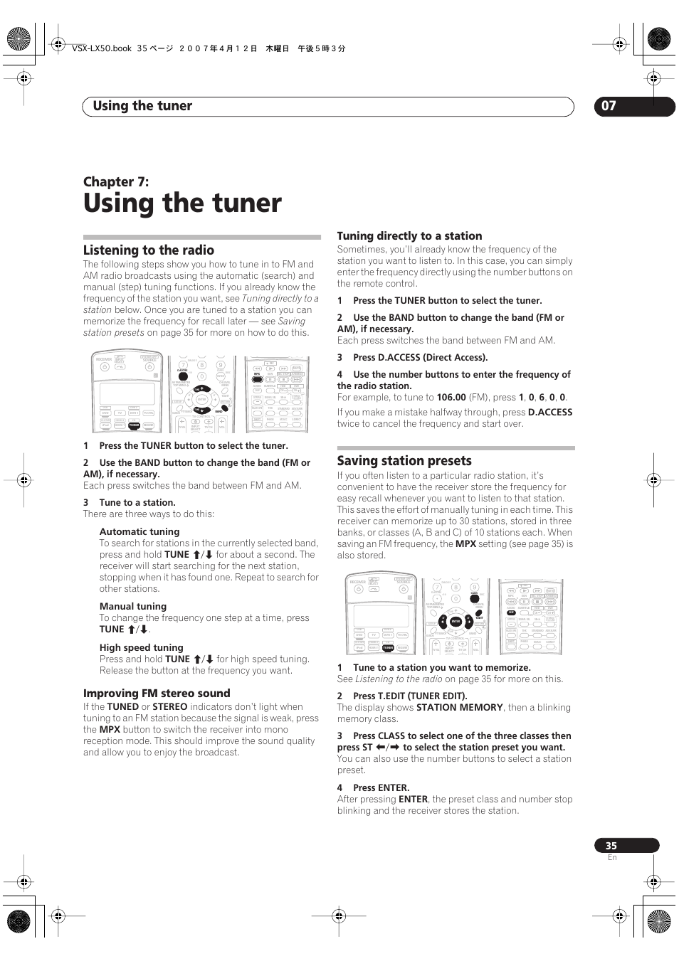 07 using the tuner, Listening to the radio, Saving station presets | Using the tuner, Using the tuner 07, Chapter 7, Improving fm stereo sound, Tuning directly to a station, On page 35 for more on how to do this, 1press the | Pioneer VSX-LX50 User Manual | Page 35 / 82