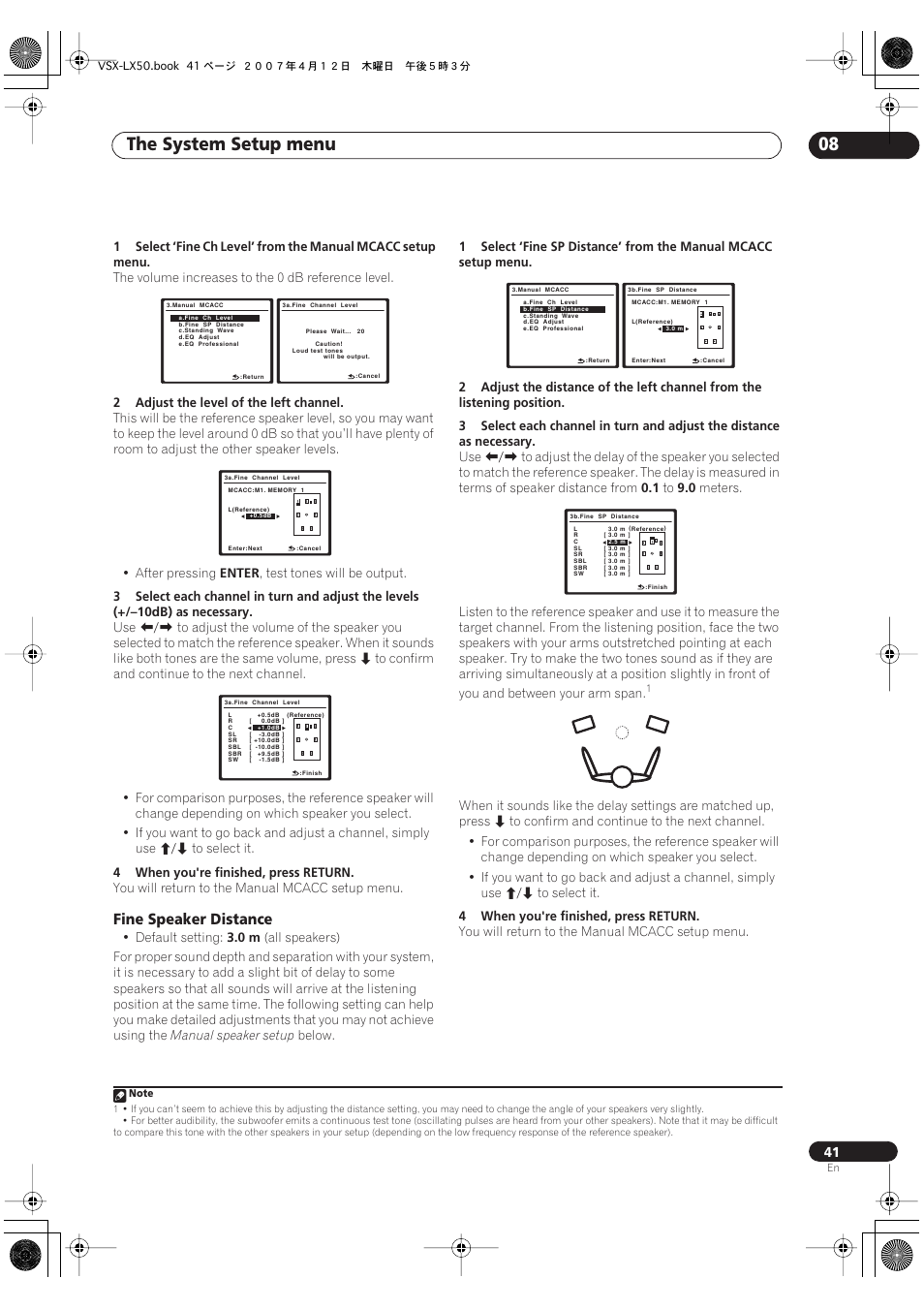 Fine speaker distance, The system setup menu 08 | Pioneer VSX-LX50 User Manual | Page 41 / 82