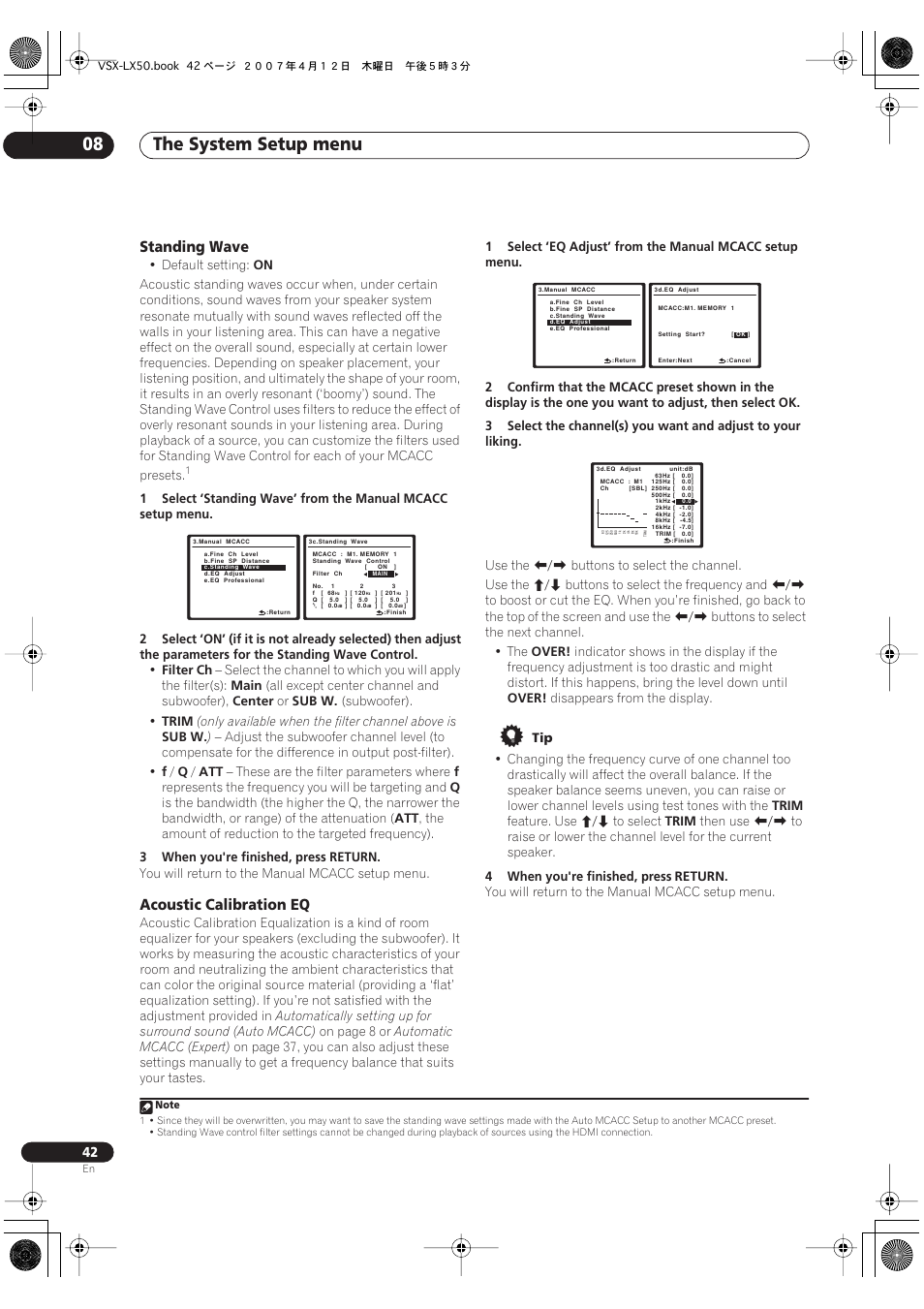 Standing wave acoustic calibration eq, The system setup menu 08, Standing wave | Acoustic calibration eq | Pioneer VSX-LX50 User Manual | Page 42 / 82