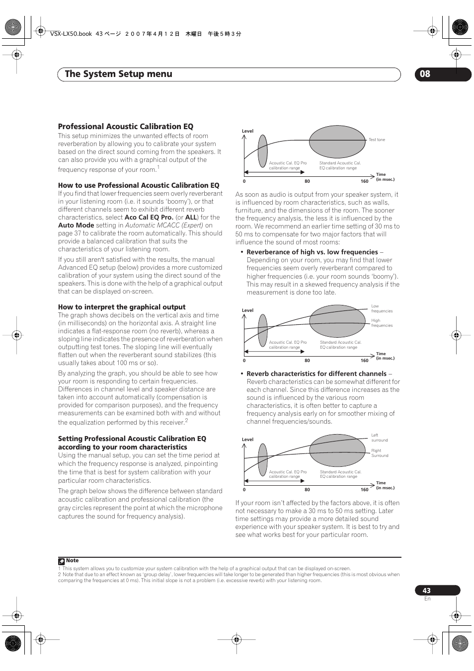 Professional acoustic calibration eq, The system setup menu 08 | Pioneer VSX-LX50 User Manual | Page 43 / 82