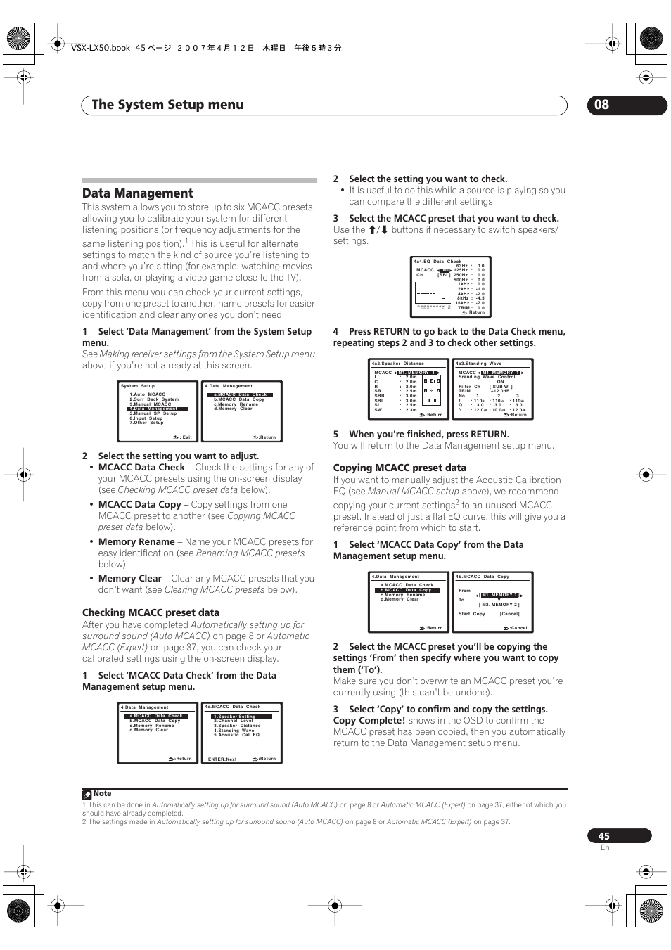 Data management, The system setup menu 08, Checking mcacc preset data | Copying mcacc preset data | Pioneer VSX-LX50 User Manual | Page 45 / 82
