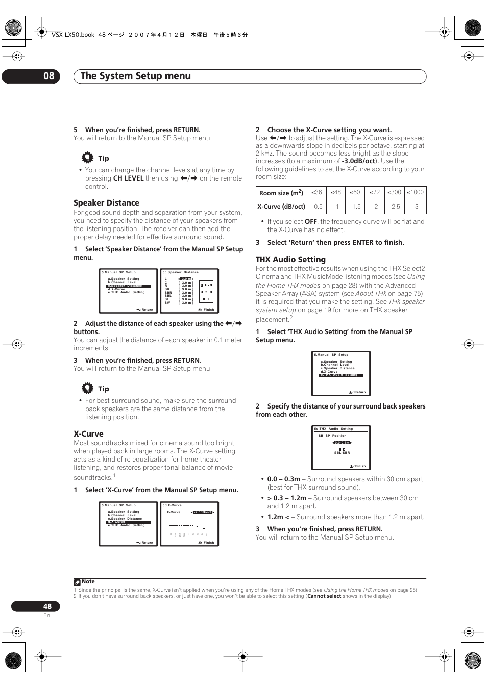Speaker distance x-curve thx audio setting, The system setup menu 08, Speaker distance | X-curve, Thx audio setting | Pioneer VSX-LX50 User Manual | Page 48 / 82