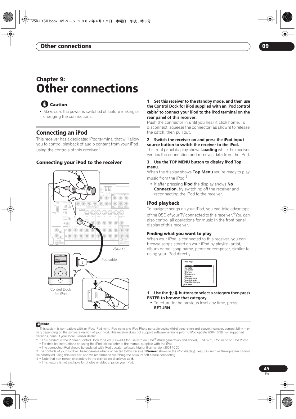 09 other connections, Connecting an ipod, Connecting your ipod to the receiver ipod playback | Other connections, Other connections 09, Chapter 9, Connecting your ipod to the receiver, Ipod playback, Finding what you want to play, Caution | Pioneer VSX-LX50 User Manual | Page 49 / 82