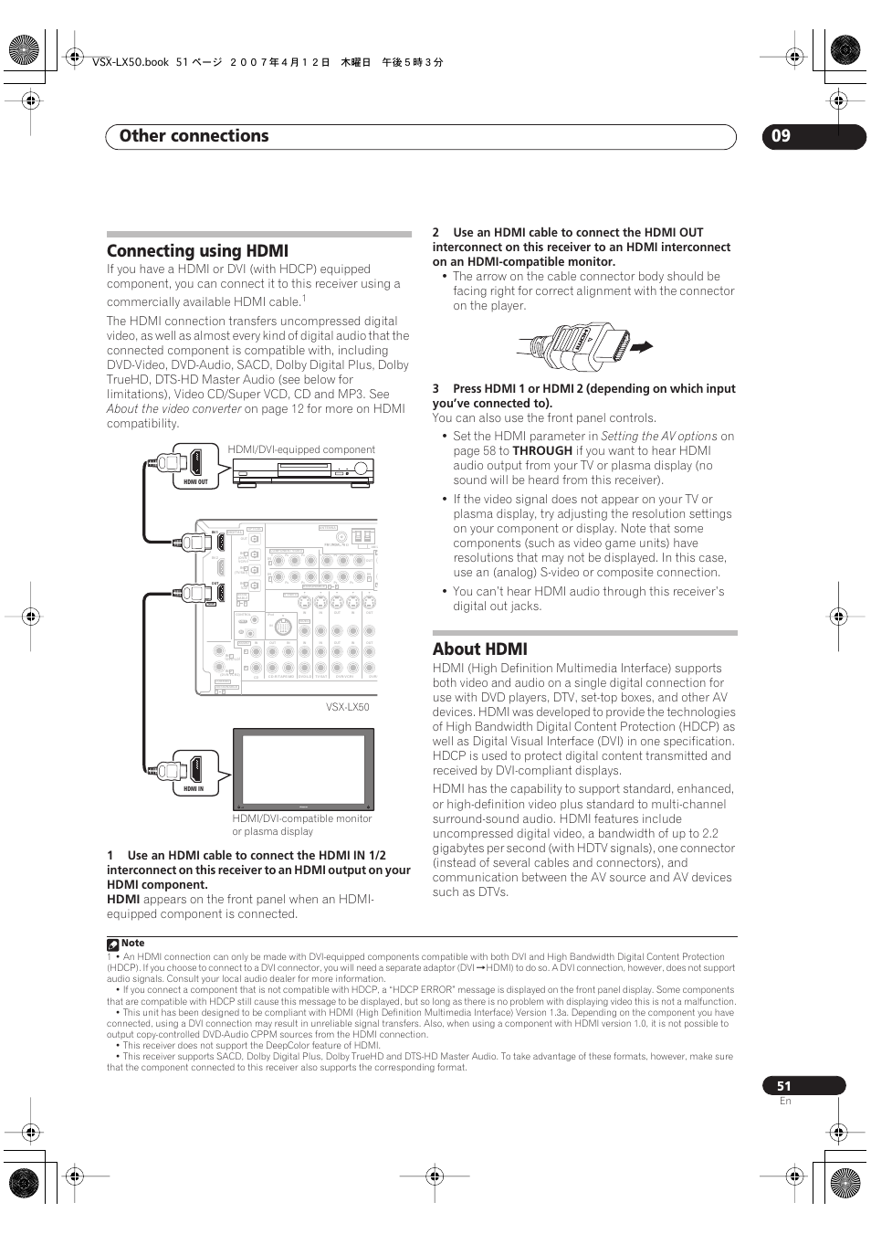 Connecting using hdmi about hdmi, Other connections 09, Connecting using hdmi | About hdmi, About the video converter, On page 12 for more on hdmi compatibility, Hdmi, Setting the av options, On page 58 to, Through | Pioneer VSX-LX50 User Manual | Page 51 / 82
