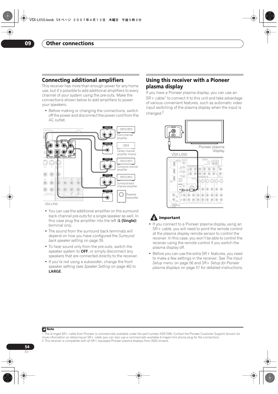 Other connections 09, Connecting additional amplifiers, Using this receiver with a pioneer plasma display | L (single), Surround back speaker setting, Speaker setting, On page 46) to, Large, Important, The input setup menu | Pioneer VSX-LX50 User Manual | Page 54 / 82