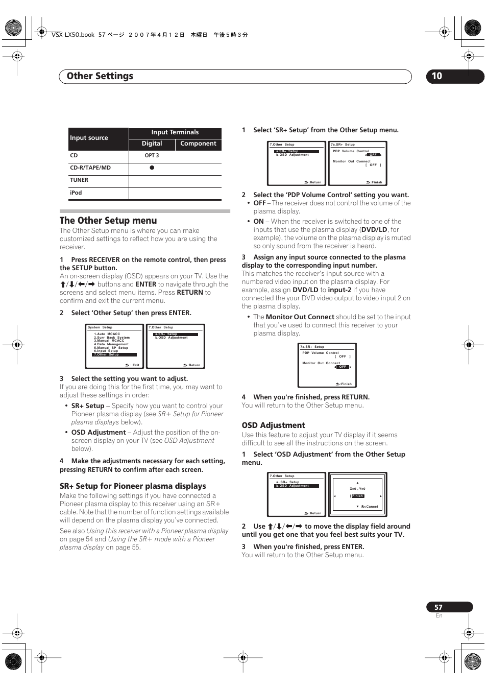 The other setup menu, Other settings 10, Sr+ setup for pioneer plasma displays | Osd adjustment | Pioneer VSX-LX50 User Manual | Page 57 / 82