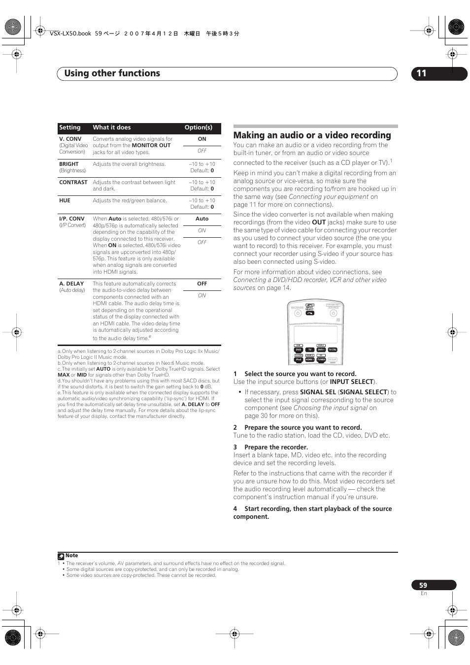 Making an audio or a video recording, Using other functions 11 | Pioneer VSX-LX50 User Manual | Page 59 / 82