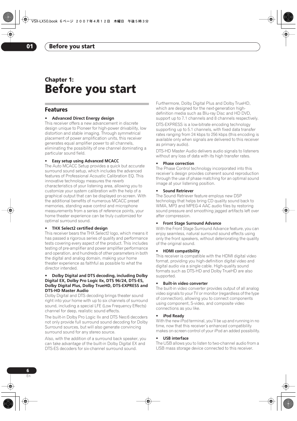 01 before you start, Features, Before you start | Before you start 01, Chapter 1 | Pioneer VSX-LX50 User Manual | Page 6 / 82