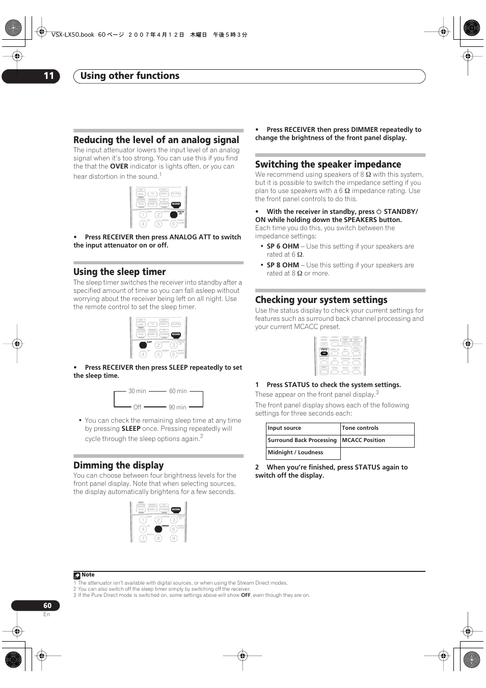 Using other functions 11, Reducing the level of an analog signal, Using the sleep timer | Dimming the display, Switching the speaker impedance, Checking your system settings | Pioneer VSX-LX50 User Manual | Page 60 / 82