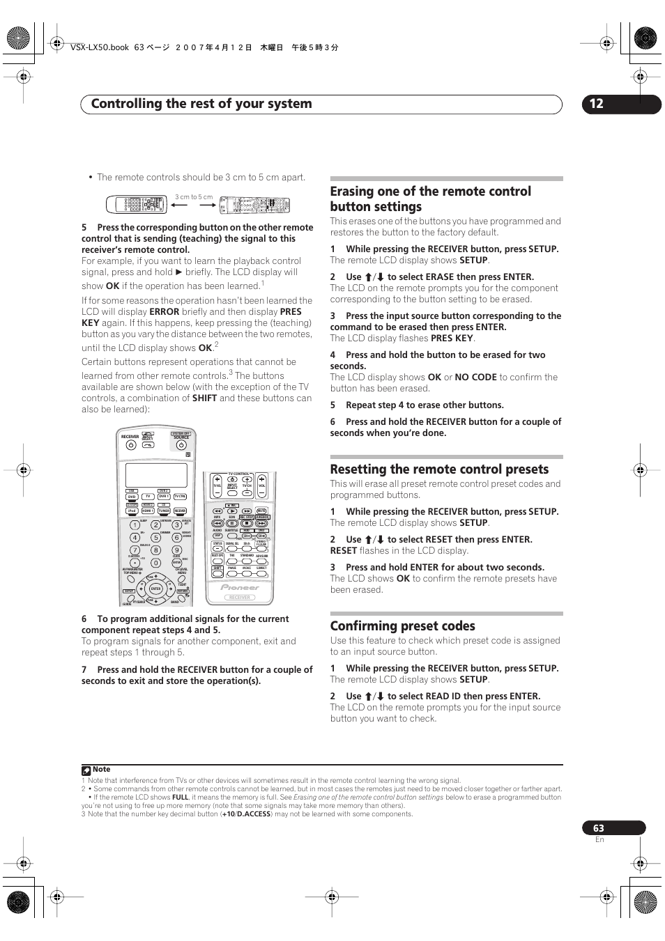 Controlling the rest of your system 12, Erasing one of the remote control button settings, Resetting the remote control presets | Confirming preset codes | Pioneer VSX-LX50 User Manual | Page 63 / 82
