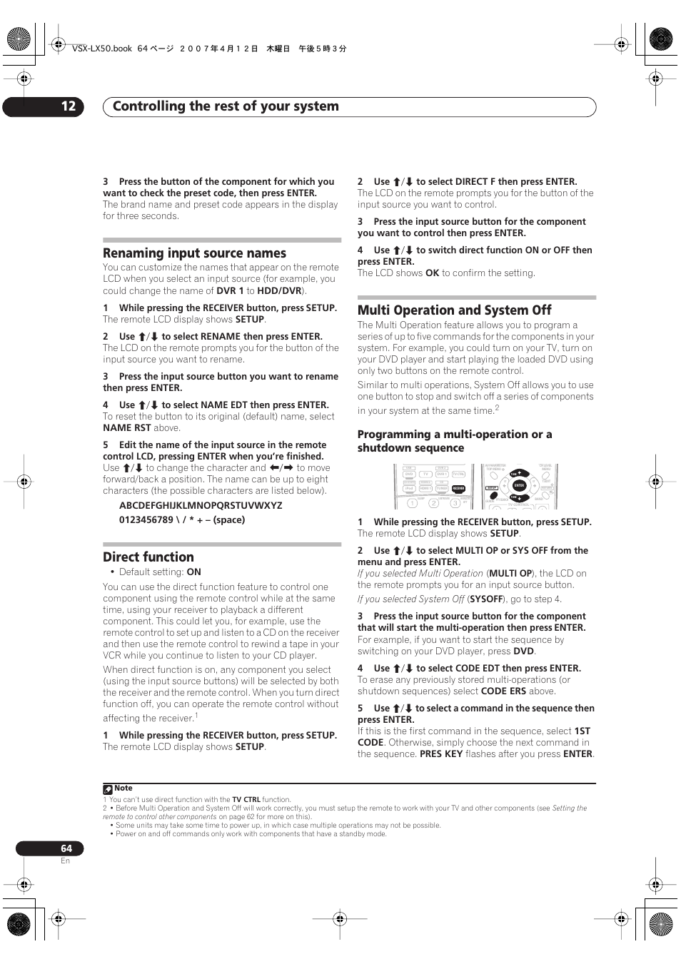 Controlling the rest of your system 12, Renaming input source names, Direct function | Multi operation and system off | Pioneer VSX-LX50 User Manual | Page 64 / 82