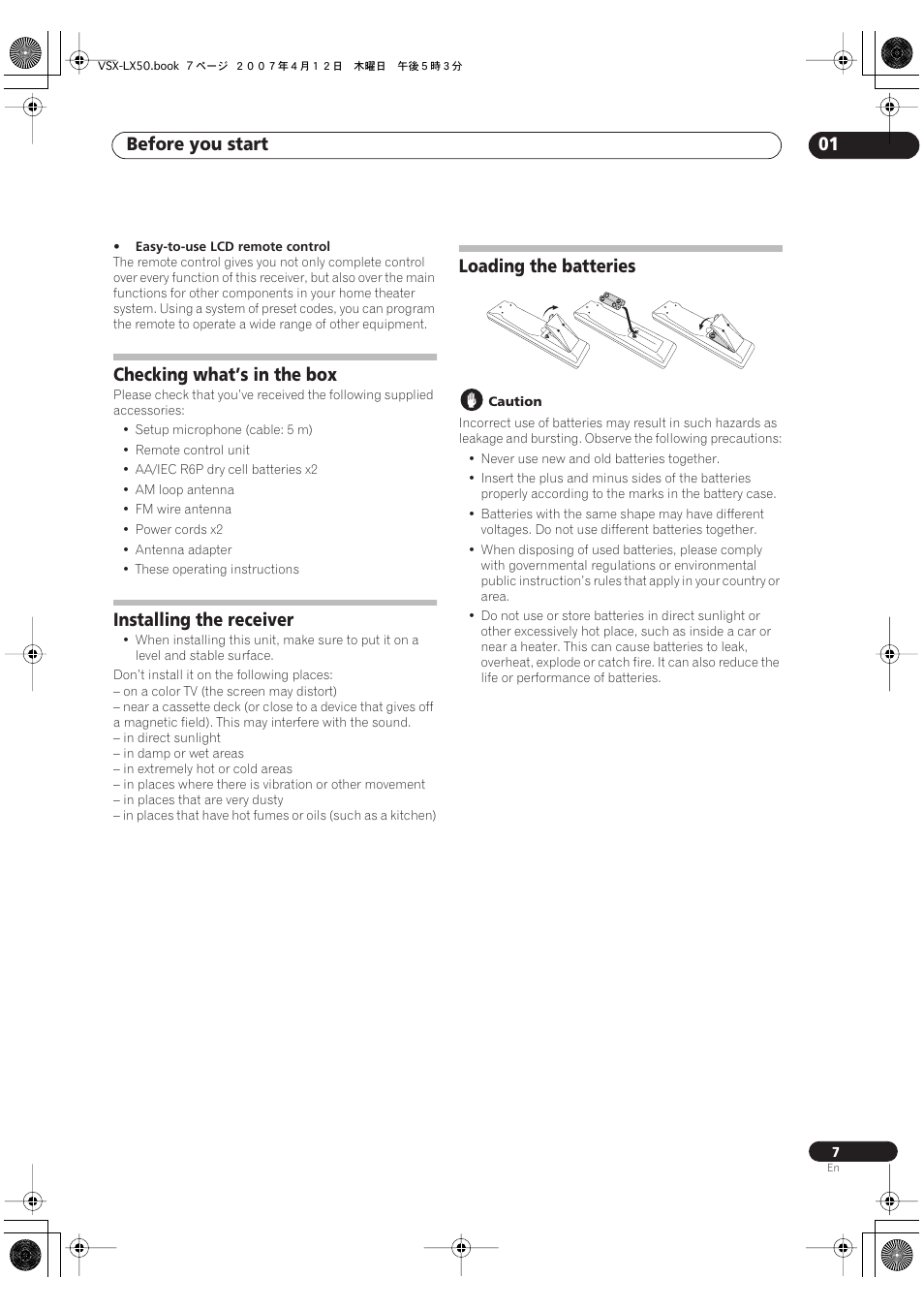 Before you start 01, Checking what’s in the box, Installing the receiver | Loading the batteries | Pioneer VSX-LX50 User Manual | Page 7 / 82